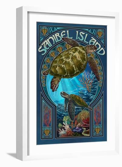 Sanibel Island, Florida - Sea Turtle Art Nouveau-Lantern Press-Framed Premium Giclee Print