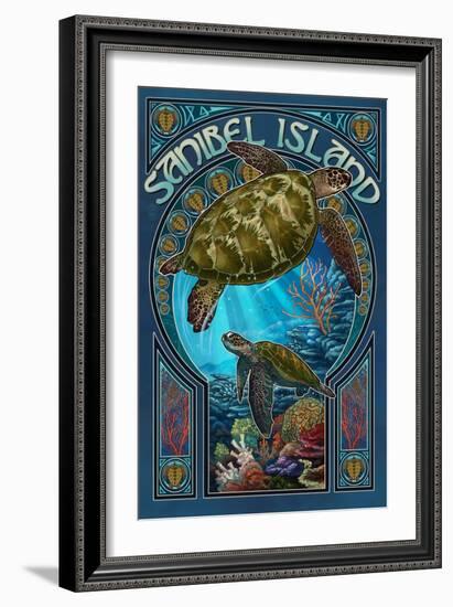 Sanibel Island, Florida - Sea Turtle Art Nouveau-Lantern Press-Framed Premium Giclee Print