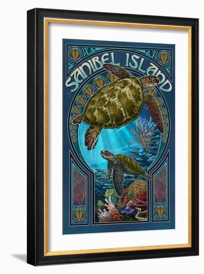 Sanibel Island, Florida - Sea Turtle Art Nouveau-Lantern Press-Framed Premium Giclee Print