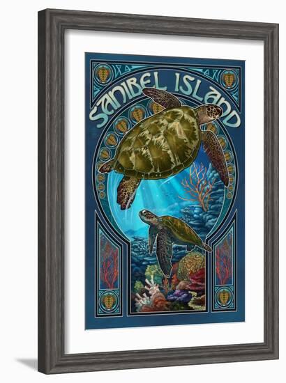 Sanibel Island, Florida - Sea Turtle Art Nouveau-Lantern Press-Framed Art Print