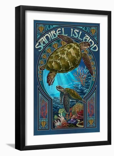 Sanibel Island, Florida - Sea Turtle Art Nouveau-Lantern Press-Framed Art Print