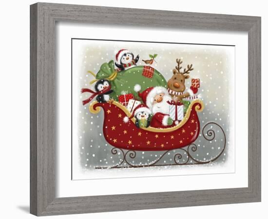 Santa and Friends on Sled-MAKIKO-Framed Giclee Print