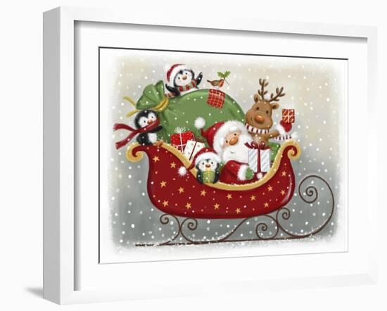 Santa and Friends on Sled-MAKIKO-Framed Giclee Print