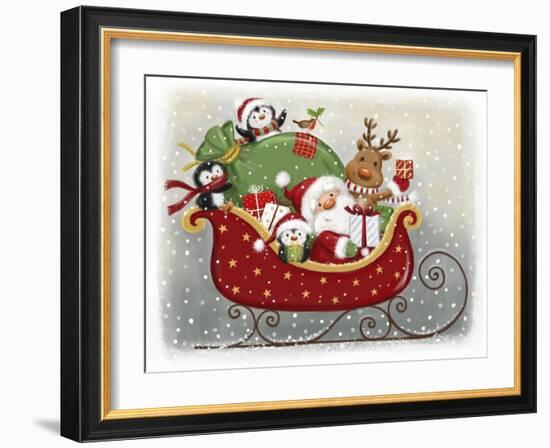 Santa and Friends on Sled-MAKIKO-Framed Giclee Print