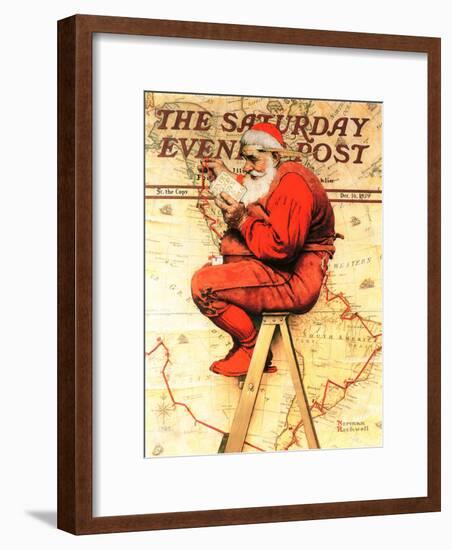 "Santa at the Map" Saturday Evening Post Cover, December 16,1939-Norman Rockwell-Framed Giclee Print