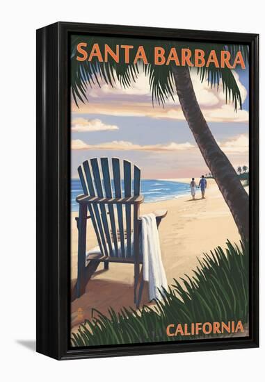 Santa Barbara, California - Adirondack Chair on the Beach-Lantern Press-Framed Stretched Canvas