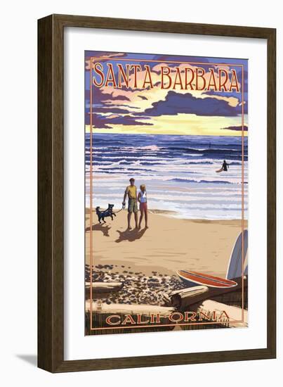 Santa Barbara, California - Beach and Sunset-Lantern Press-Framed Art Print