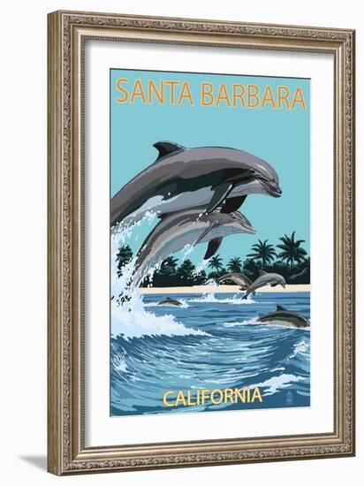 Santa Barbara, California - Dolphins Jumping-Lantern Press-Framed Premium Giclee Print