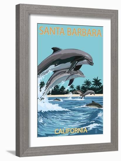 Santa Barbara, California - Dolphins Jumping-Lantern Press-Framed Premium Giclee Print