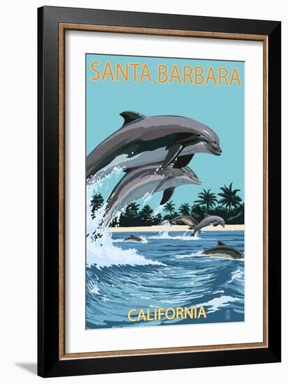 Santa Barbara, California - Dolphins Jumping-Lantern Press-Framed Premium Giclee Print