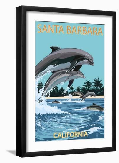 Santa Barbara, California - Dolphins Jumping-Lantern Press-Framed Premium Giclee Print