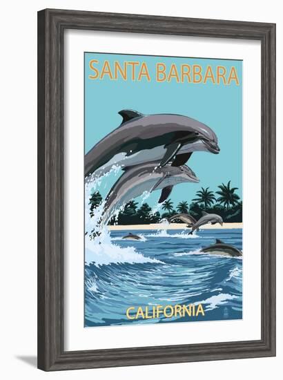 Santa Barbara, California - Dolphins Jumping-Lantern Press-Framed Art Print