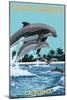 Santa Barbara, California - Dolphins Jumping-Lantern Press-Mounted Art Print