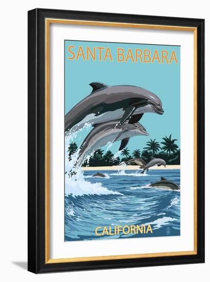 Santa Barbara, California - Dolphins Jumping-Lantern Press-Framed Art Print