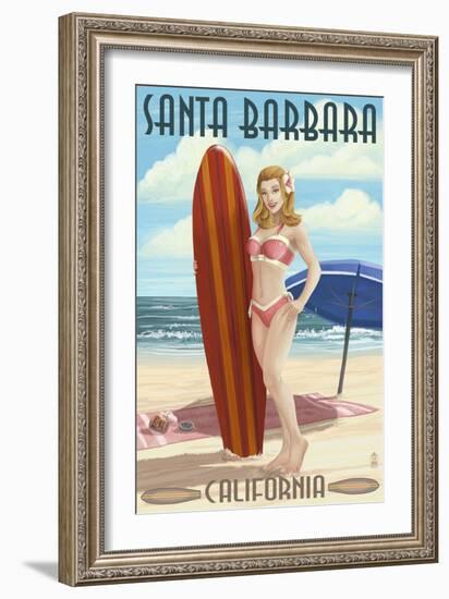 Santa Barbara, California - Surfer Pinup-Lantern Press-Framed Art Print