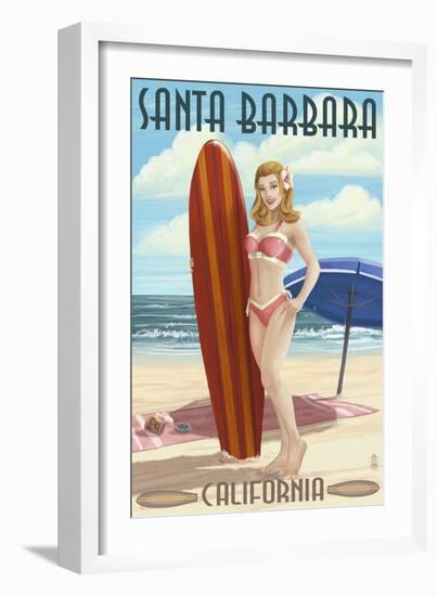 Santa Barbara, California - Surfer Pinup-Lantern Press-Framed Art Print