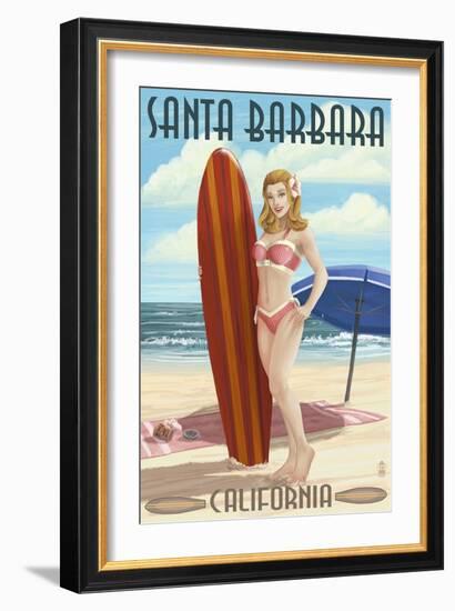 Santa Barbara, California - Surfer Pinup-Lantern Press-Framed Art Print