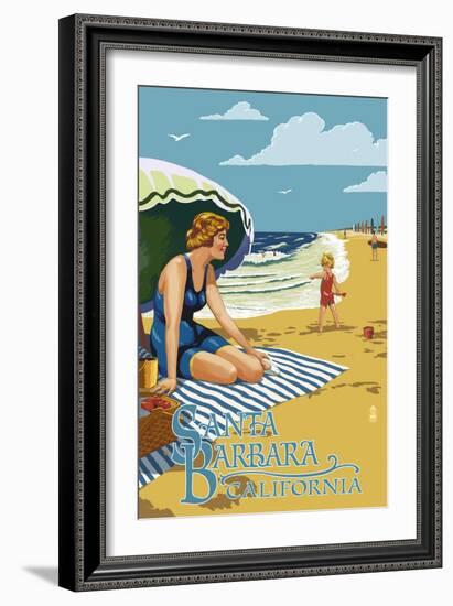 Santa Barbara, California - Woman on Beach-Lantern Press-Framed Art Print