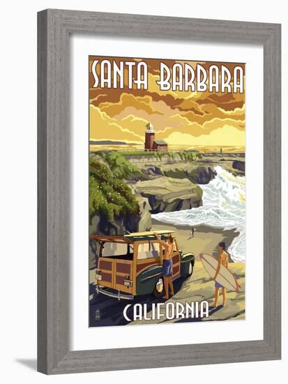 Santa Barbara, California - Woody and Lighthouse-Lantern Press-Framed Art Print