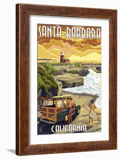 Santa Barbara, California - Woody and Lighthouse-Lantern Press-Framed Art Print