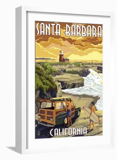 Santa Barbara, California - Woody and Lighthouse-Lantern Press-Framed Art Print