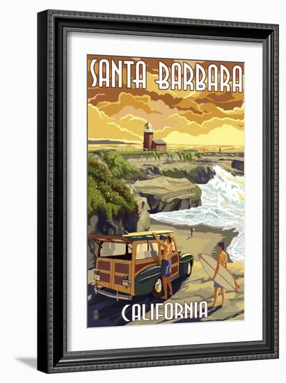 Santa Barbara, California - Woody and Lighthouse-Lantern Press-Framed Art Print