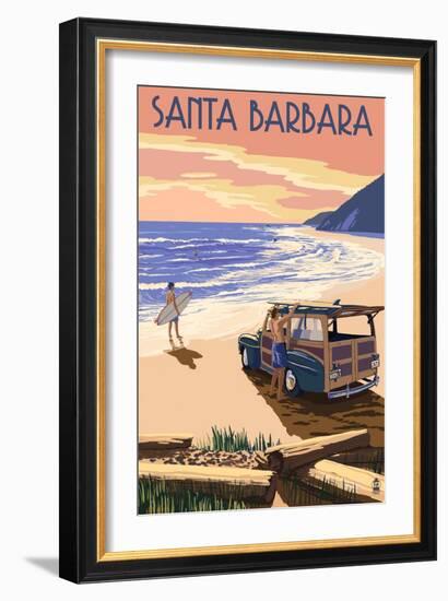 Santa Barbara, California - Woody on Beach-Lantern Press-Framed Art Print