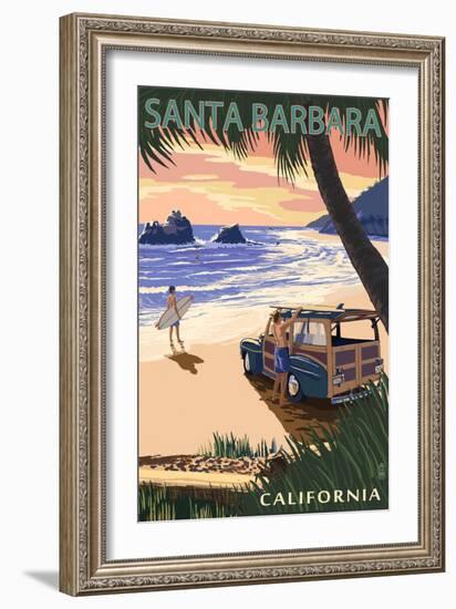 Santa Barbara, California - Woody on Beach-Lantern Press-Framed Art Print