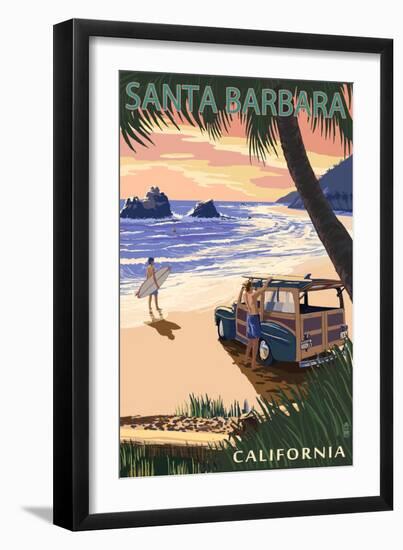 Santa Barbara, California - Woody on Beach-Lantern Press-Framed Art Print