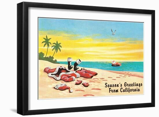 Santa Claus in Inner Tube at Beach-null-Framed Art Print