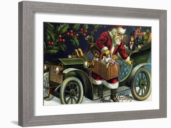 Santa Clause Leaving An Old Car With A Basket Of Gifts-null-Framed Art Print