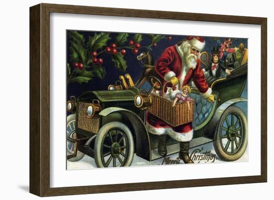 Santa Clause Leaving An Old Car With A Basket Of Gifts-null-Framed Art Print