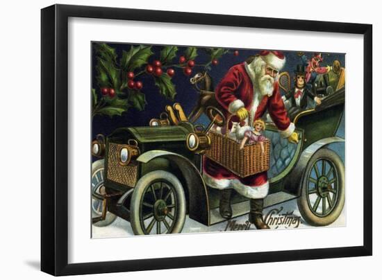 Santa Clause Leaving An Old Car With A Basket Of Gifts-null-Framed Art Print