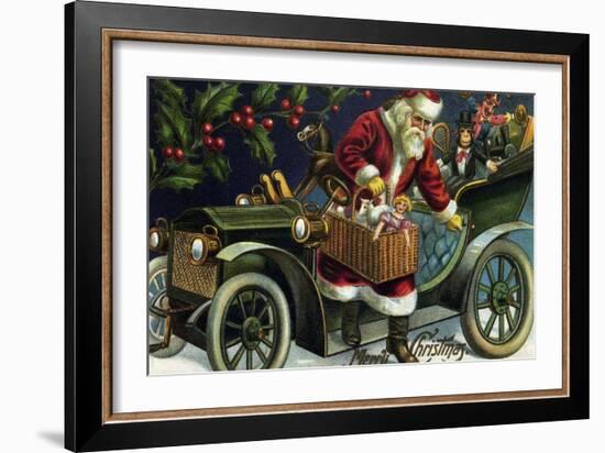 Santa Clause Leaving An Old Car With A Basket Of Gifts-null-Framed Art Print