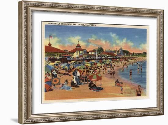 Santa Cruz, CA - Sunbathers & Swimmers on Boardwalk & Beach-Lantern Press-Framed Premium Giclee Print