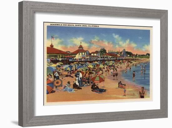 Santa Cruz, CA - Sunbathers & Swimmers on Boardwalk & Beach-Lantern Press-Framed Art Print