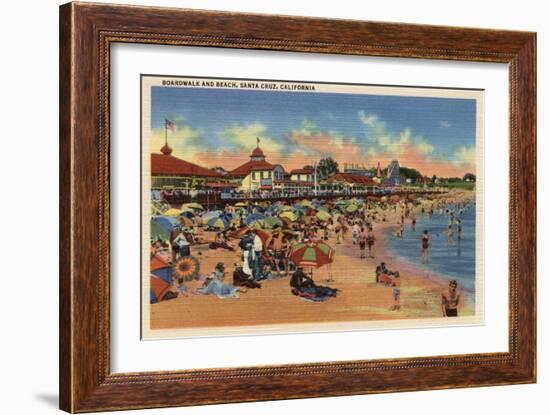 Santa Cruz, CA - Sunbathers & Swimmers on Boardwalk & Beach-Lantern Press-Framed Art Print