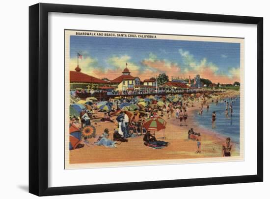 Santa Cruz, CA - Sunbathers & Swimmers on Boardwalk & Beach-Lantern Press-Framed Art Print