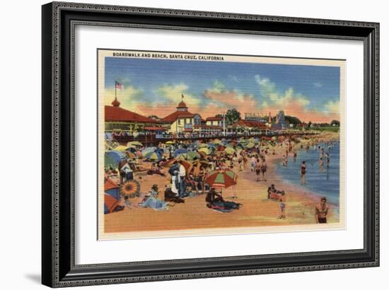 Santa Cruz, CA - Sunbathers & Swimmers on Boardwalk & Beach-Lantern Press-Framed Art Print