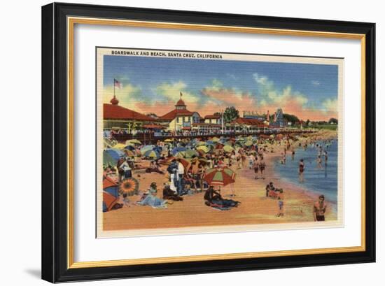 Santa Cruz, CA - Sunbathers & Swimmers on Boardwalk & Beach-Lantern Press-Framed Art Print