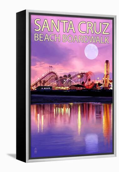 Santa Cruz, California - Beach Boardwalk and Moon at Twilight-Lantern Press-Framed Stretched Canvas