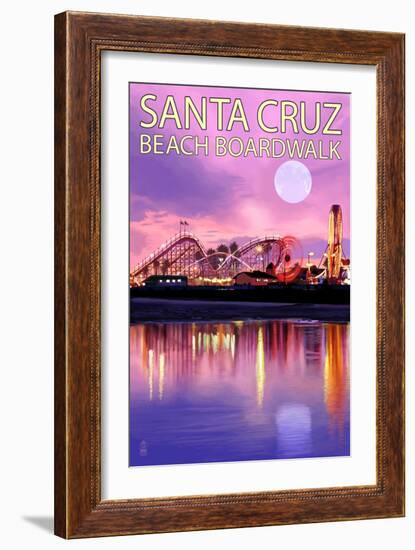 Santa Cruz, California - Beach Boardwalk and Moon at Twilight-Lantern Press-Framed Art Print