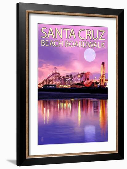 Santa Cruz, California - Beach Boardwalk and Moon at Twilight-Lantern Press-Framed Art Print