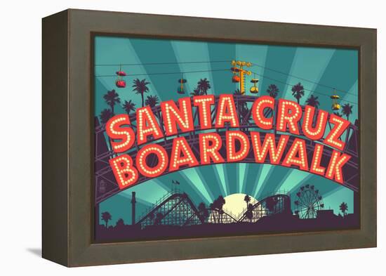 Santa Cruz, California - Beach Boardwalk Sign at Night-Lantern Press-Framed Stretched Canvas