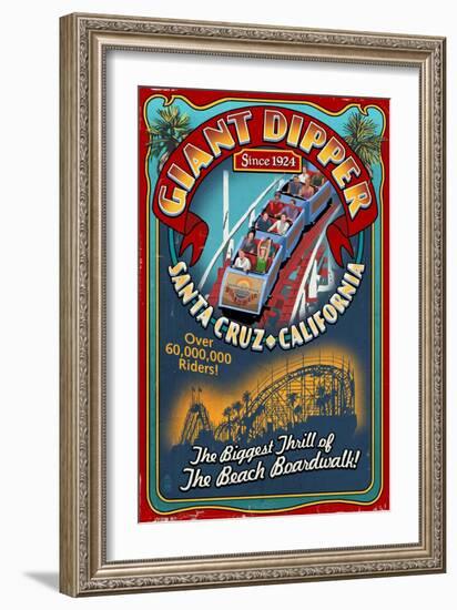 Santa Cruz, California - Giant Dipper Roller Coaster Vintage Sign-Lantern Press-Framed Premium Giclee Print