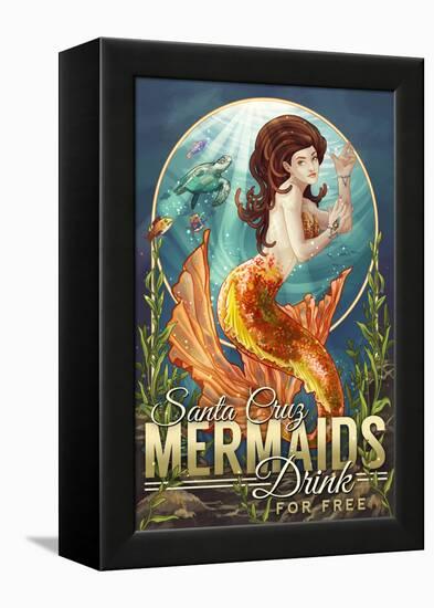 Santa Cruz, California - Mermaids Drink for Free-Lantern Press-Framed Stretched Canvas