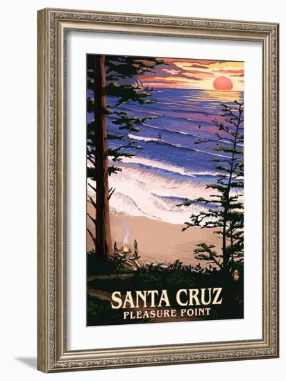 Santa Cruz, California - Pleasure Point Sunset and Surfers-Lantern Press-Framed Premium Giclee Print