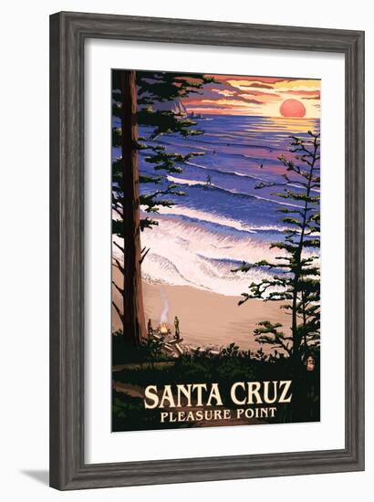 Santa Cruz, California - Pleasure Point Sunset and Surfers-Lantern Press-Framed Art Print