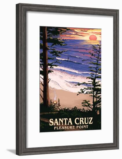 Santa Cruz, California - Pleasure Point Sunset and Surfers-Lantern Press-Framed Art Print