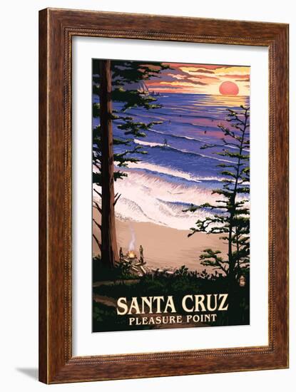 Santa Cruz, California - Pleasure Point Sunset and Surfers-Lantern Press-Framed Art Print